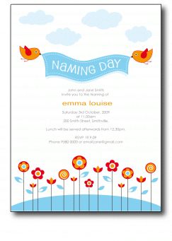 Naming day ceremony invitations with cute birds and flowers.
