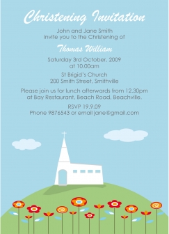 Christening invitations templates to print with hilltop church design & flowers