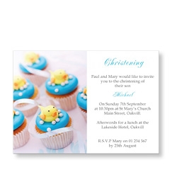 Blue Cup Cake Christening Cards Invite